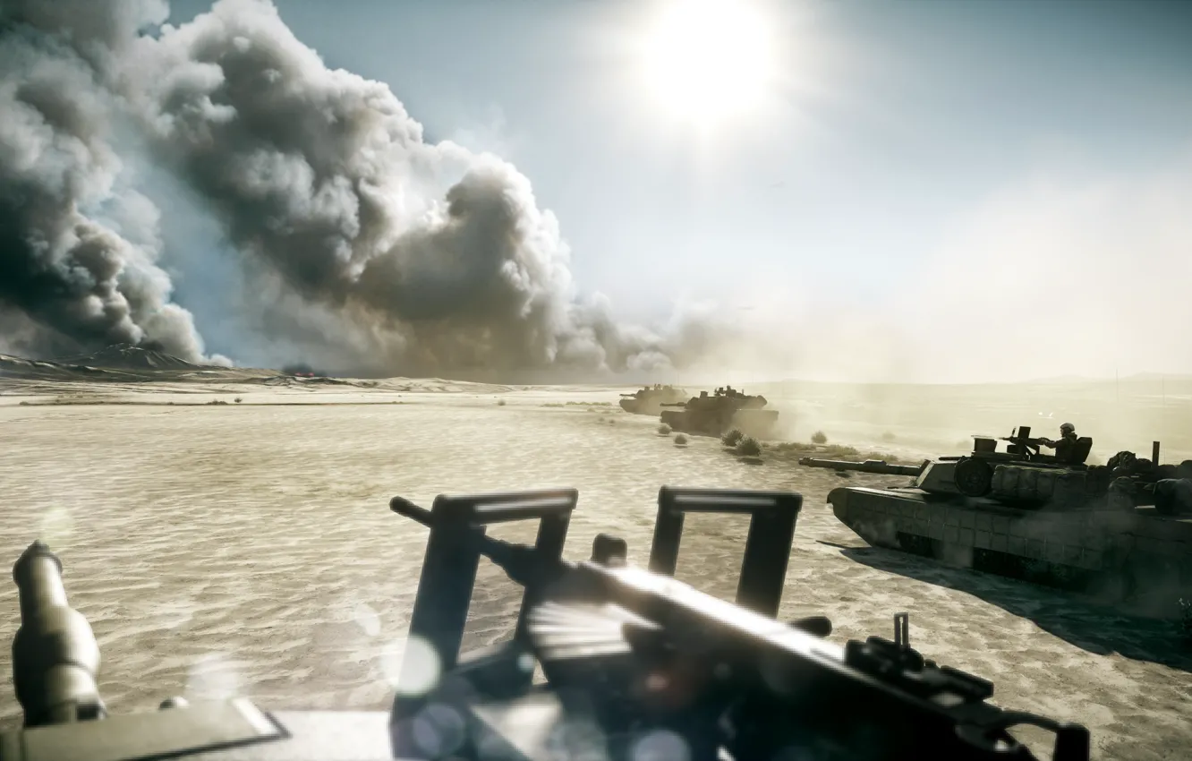 Photo wallpaper machine gun, tanks, Battlefield 3, desert., the smoke in the distance