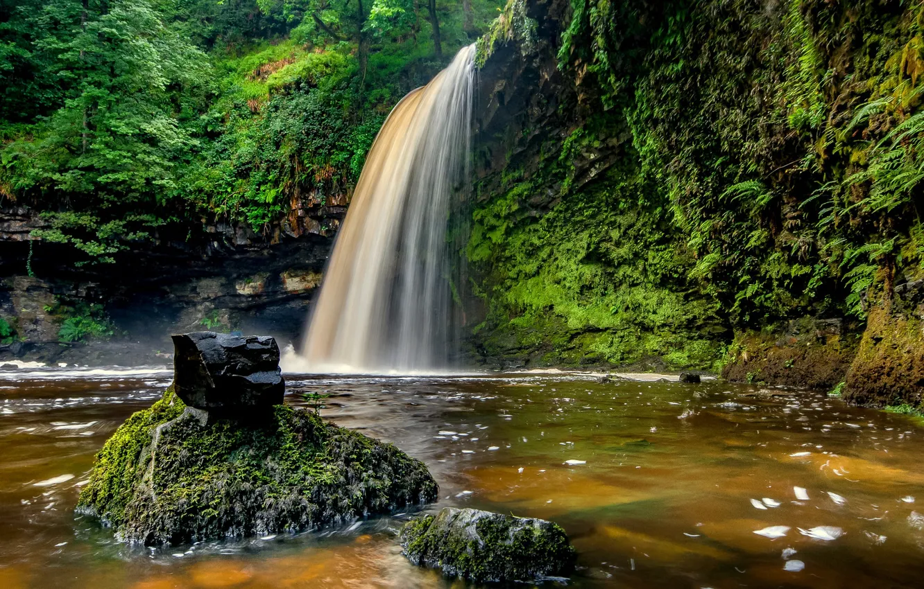 Photo wallpaper forest, stones, waterfall, Wales, The Brecon Beacons