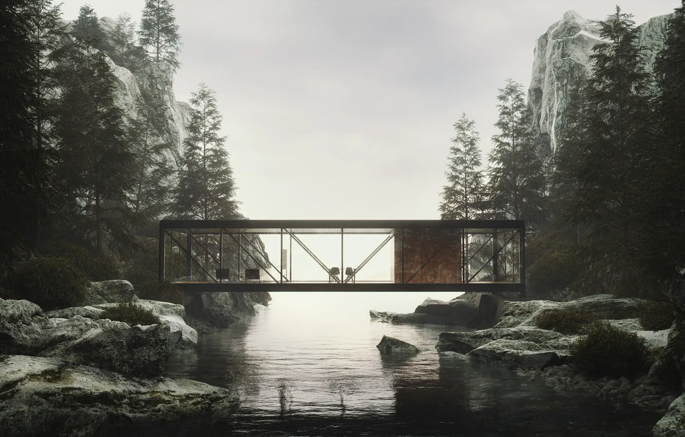 Photo wallpaper forest, mountains, design, structure, pond, 1964, Weekend House Project, Craig Ellwood