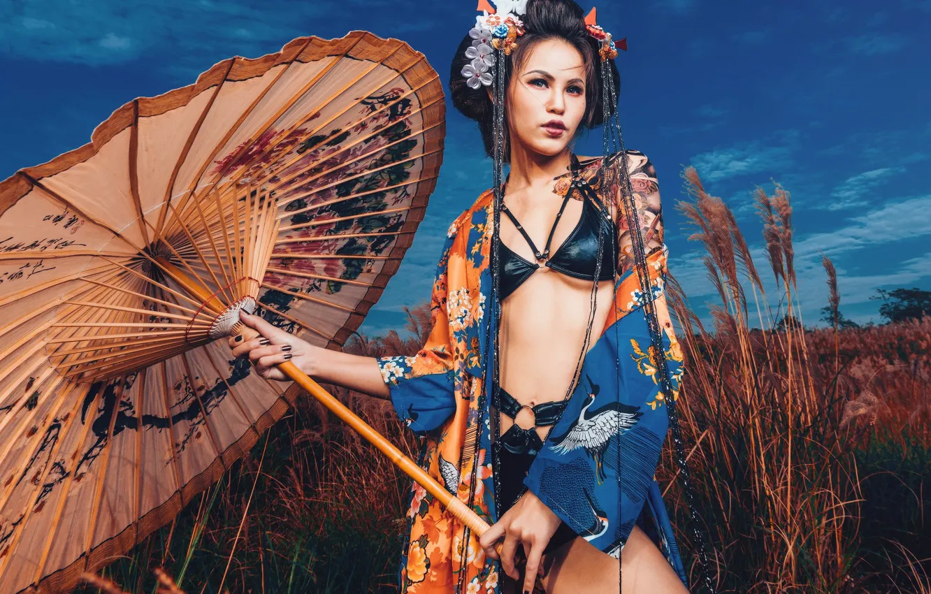 Photo wallpaper girl, umbrella, Asian