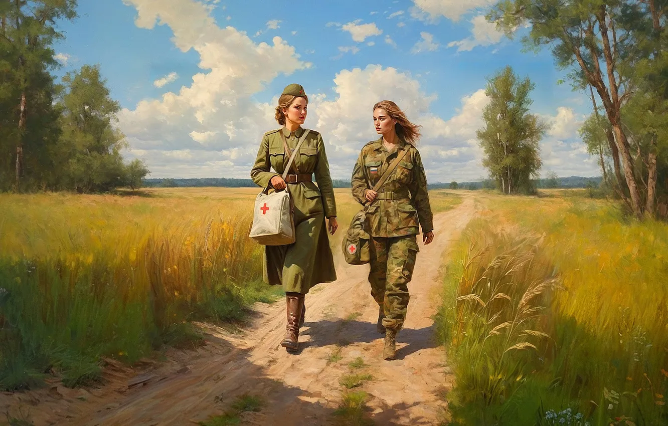 Photo wallpaper Girls, Road, Trees, Soldiers, Two, Holiday, Art, March 8