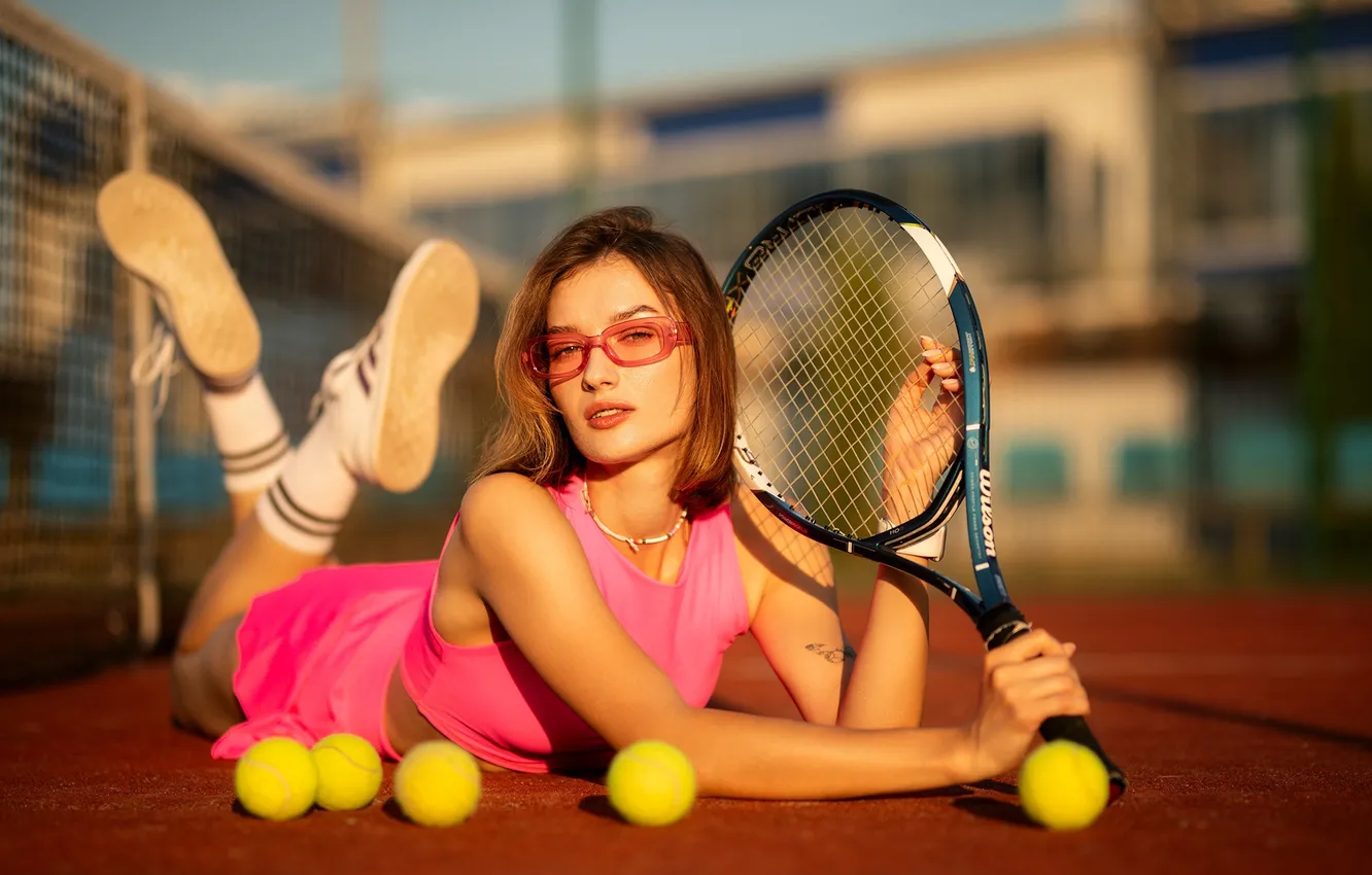 Photo wallpaper look, girl, pose, hands, glasses, racket, the ball, tennis
