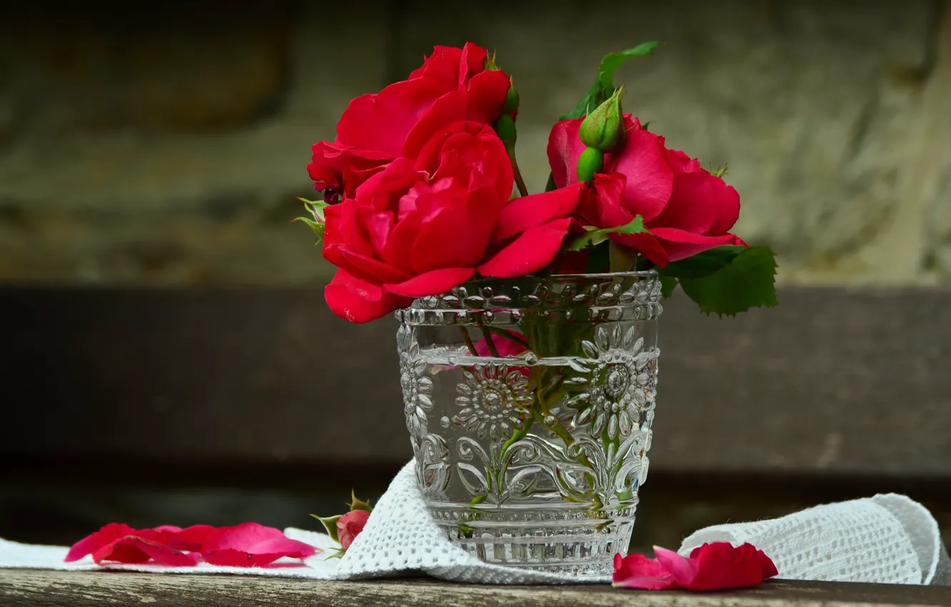 Photo wallpaper flowers, glass, Board, roses, fabric
