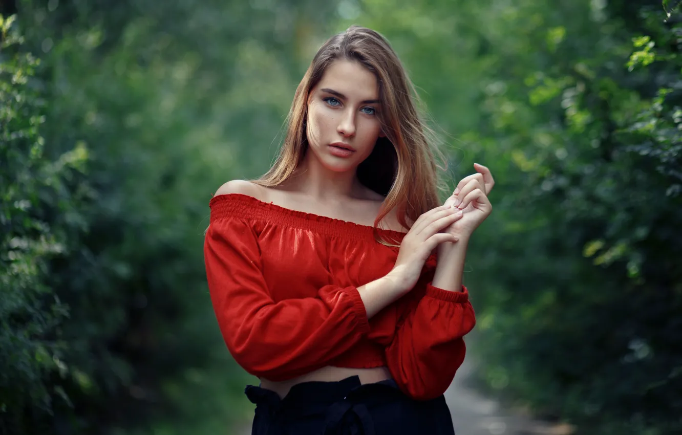 Photo wallpaper look, girl, pose, hands, blouse, bokeh, Evgeny Bulatov, Anna Balanova