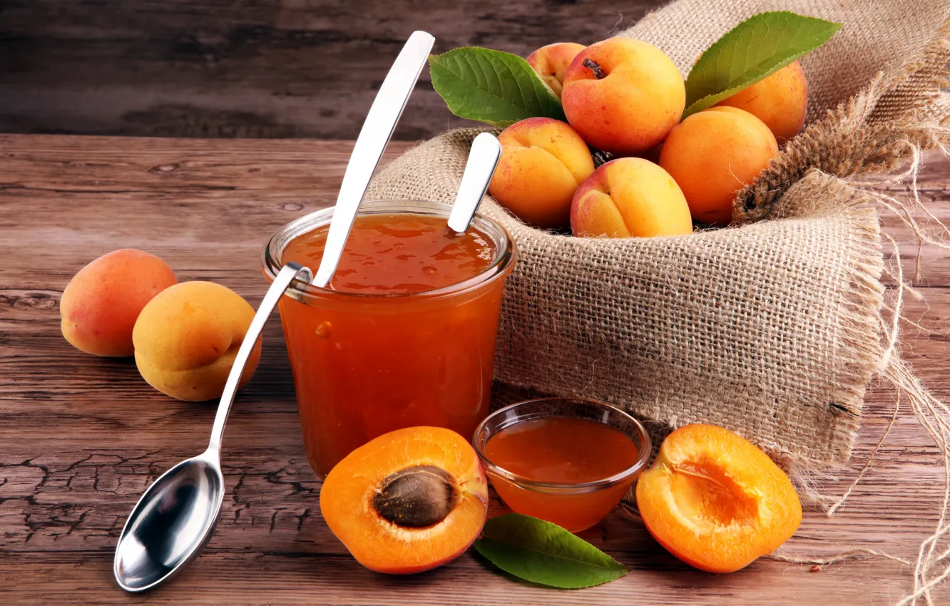 Photo wallpaper background, spoon, apricot, leaves, apricot jam
