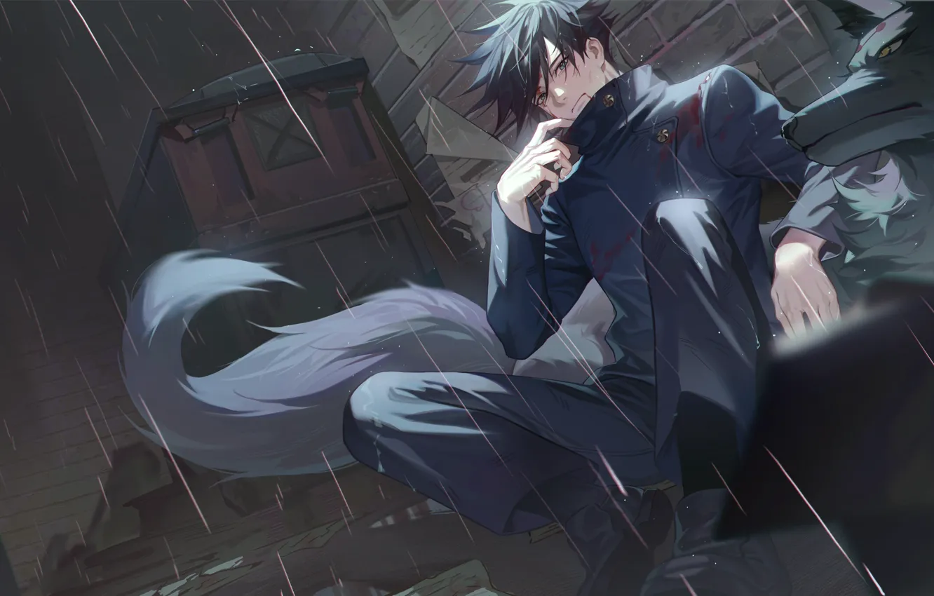 Photo wallpaper rain, wolf, fantasy, guy, Jujutsu Kaisen, Megumi Fushiguro