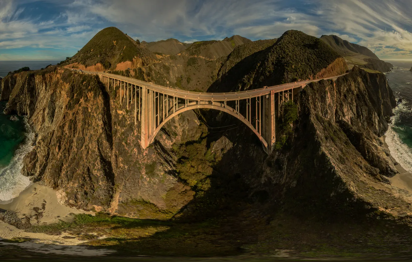 Photo wallpaper wave, the sky, clouds, landscape, mountains, bridge, nature, rocks