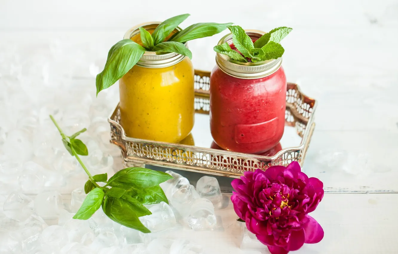 Photo wallpaper ice, flowers, drink, mint, peonies, smoothies