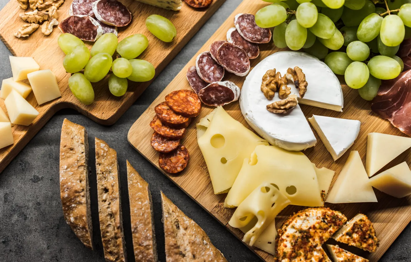 Photo wallpaper cheese, bread, grapes, nuts, cutting, Victor Hanachek