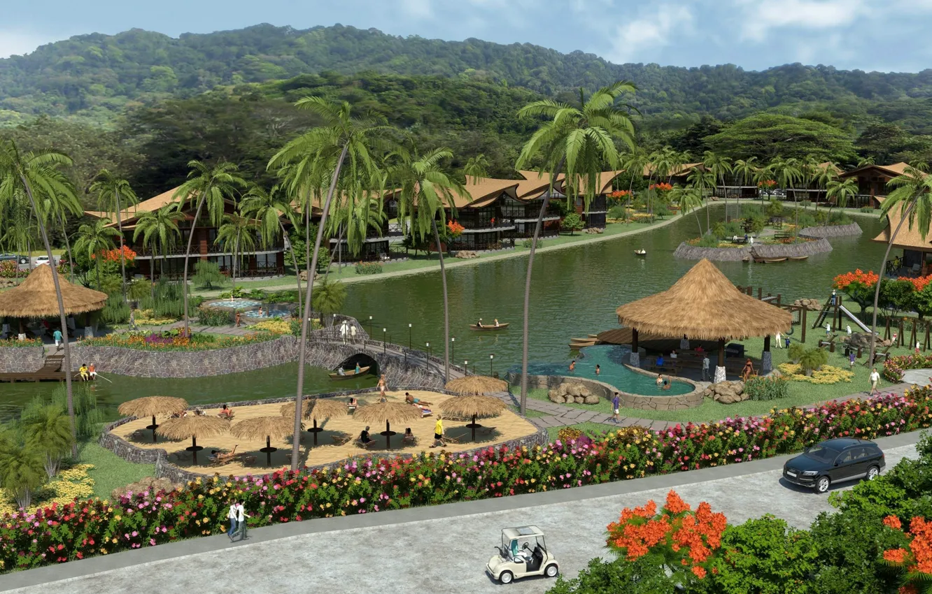 Photo wallpaper palm trees, stay, pool, relax, water Park, The Lakes of Hacienda Matapalo