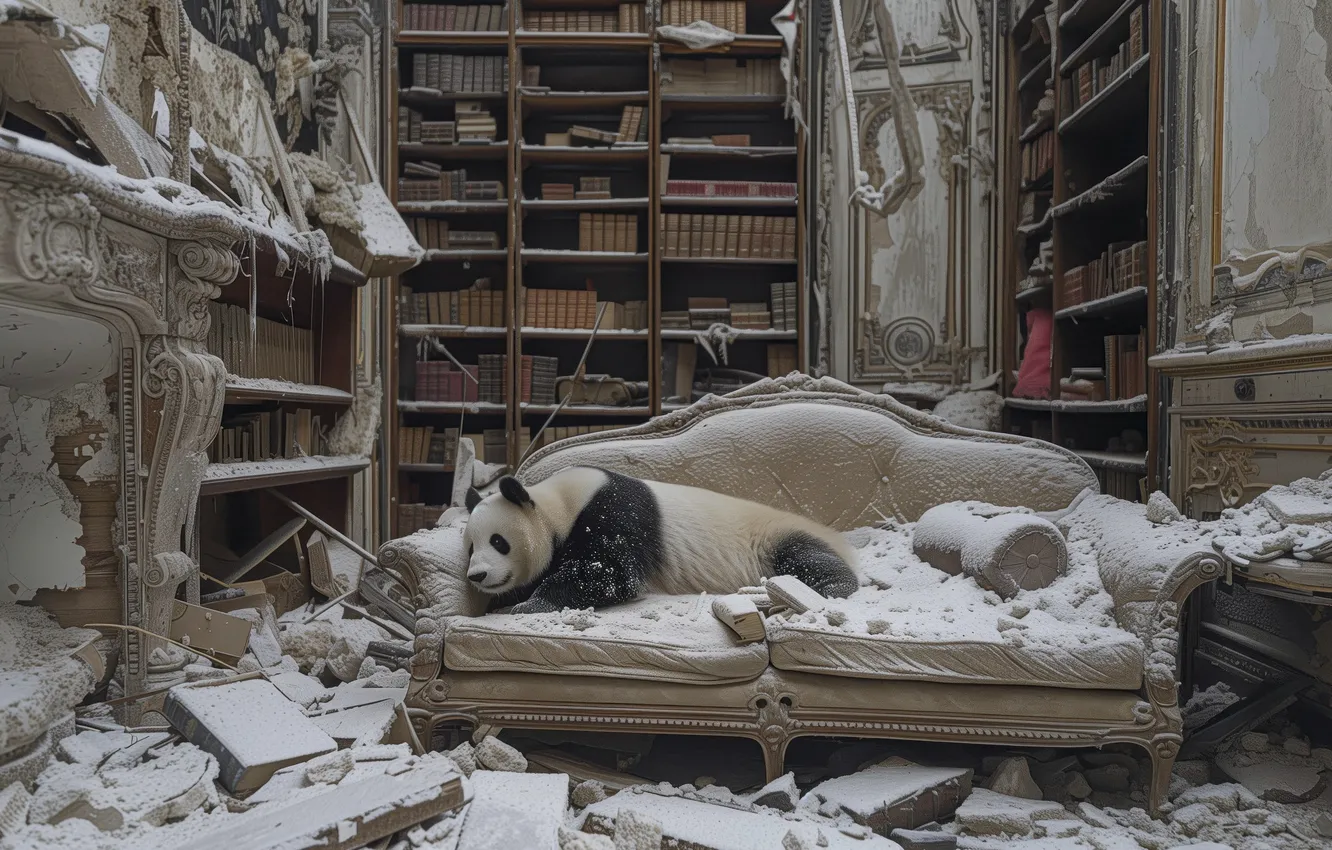 Photo wallpaper sofa, Panda, devastation, library, neural network