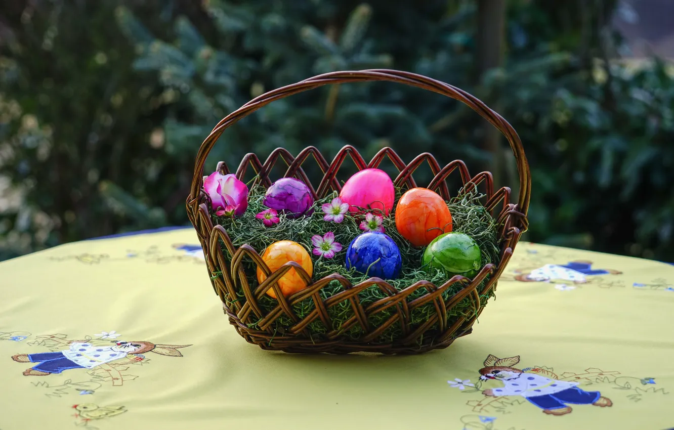 Photo wallpaper table, basket, eggs, Easter
