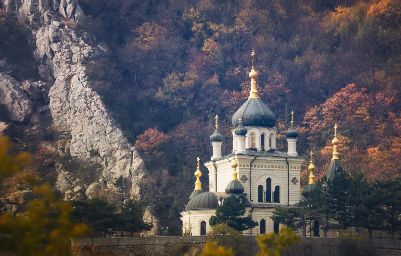 Photo wallpaper autumn, landscape, mountains, nature, temple, forest, Crimea, dome
