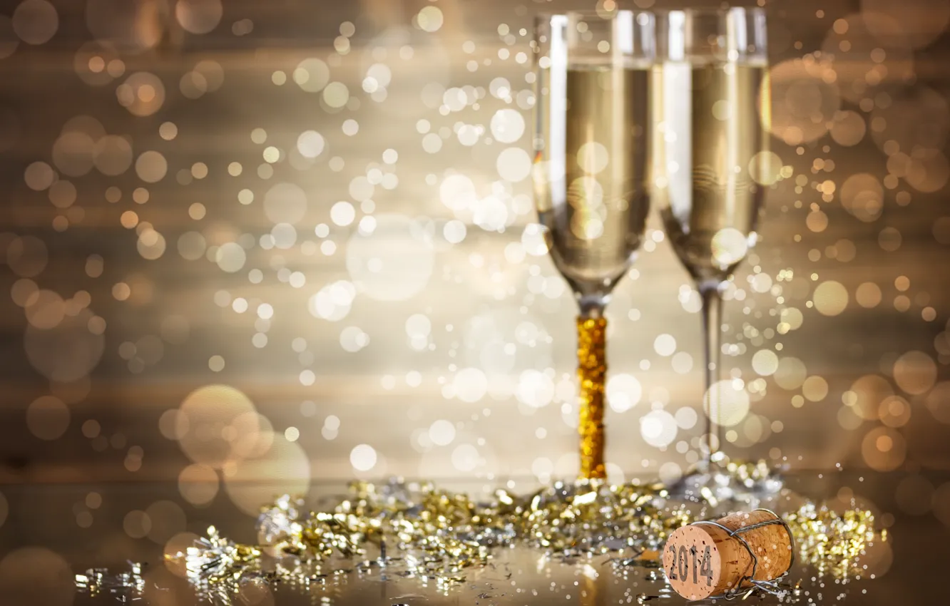 Photo wallpaper holiday, new year, glasses, figures, tube, champagne, bokeh, sequins