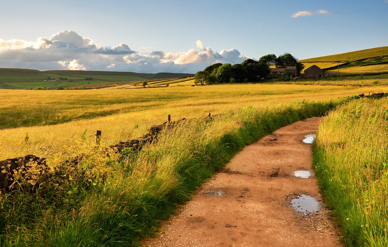 Photo wallpaper road, the sky, grass, clouds, nature, the wind, field, England