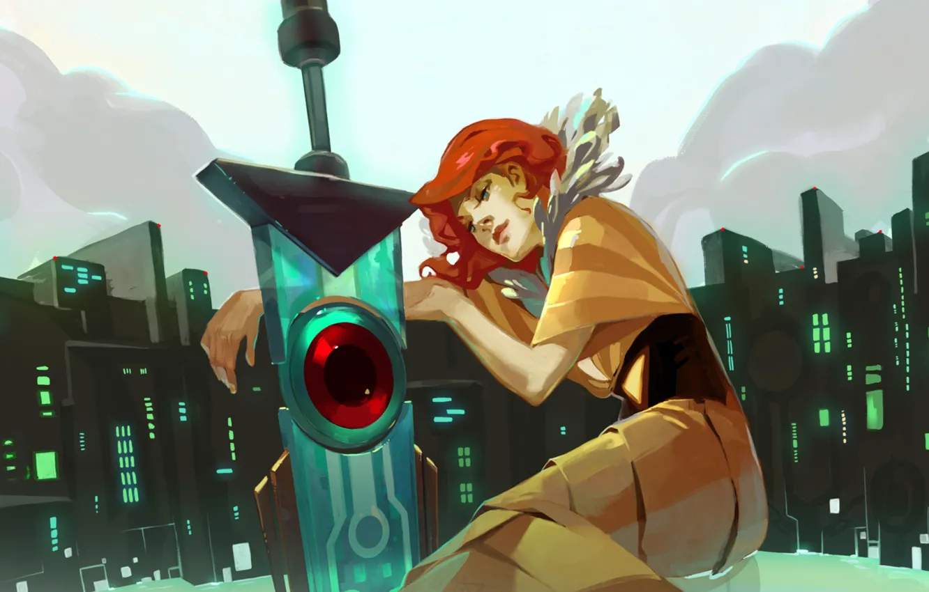Photo wallpaper girl, the city, sword, art, red, red hair, Transistor, JenZee