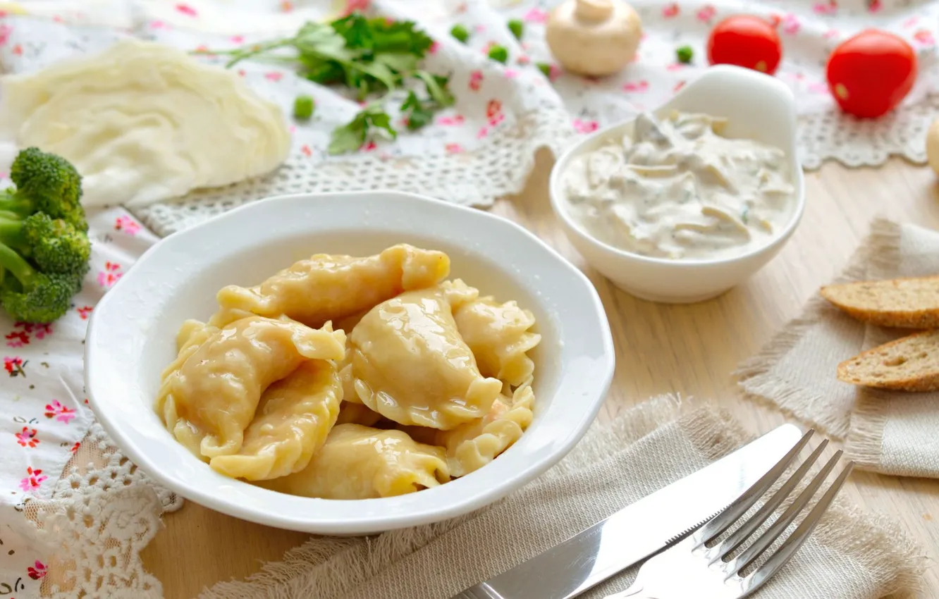 Photo wallpaper vegetables, sour cream, dumplings