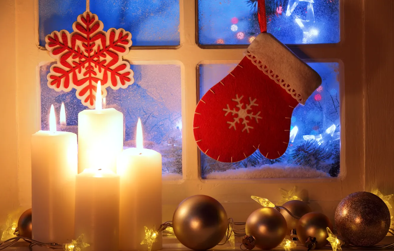Photo wallpaper winter, snow, New Year, Christmas, light, Christmas, window, Xmas