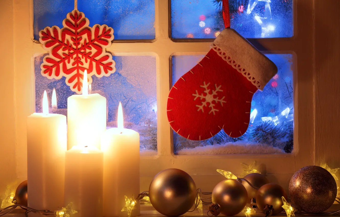 Photo wallpaper winter, snow, new year, Christmas, light, Christmas, window, Xmas