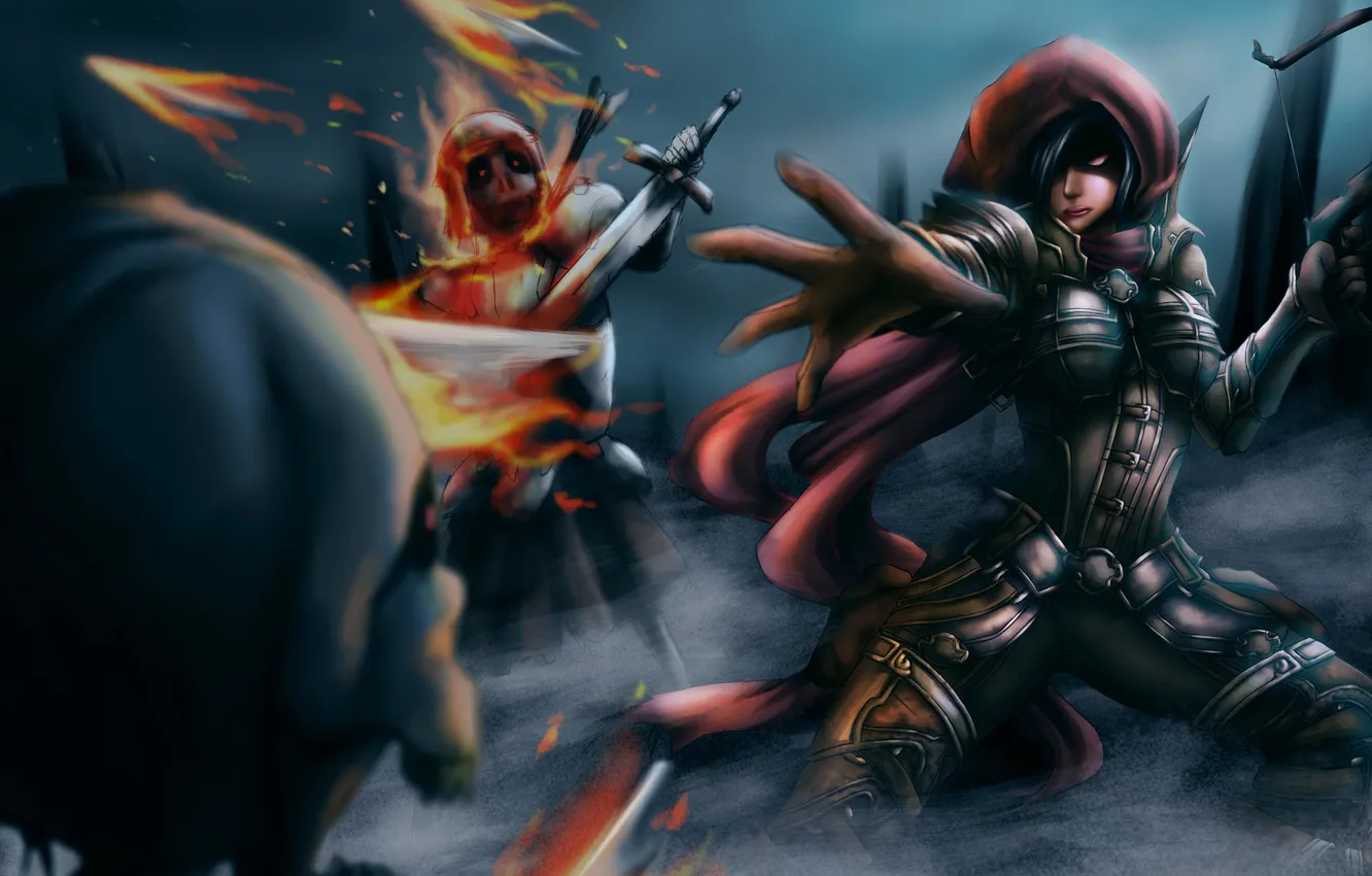 Photo wallpaper girl, weapons, hands, art, hood, Diablo 3, undead, Demon Hunter