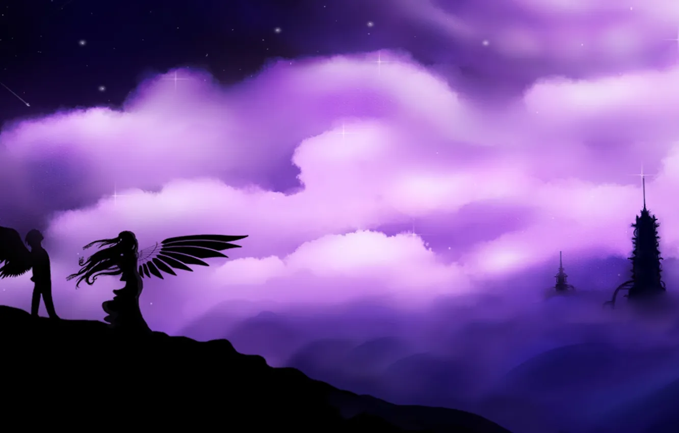 Photo wallpaper the sky, girl, stars, clouds, fiction, hair, wings, angels