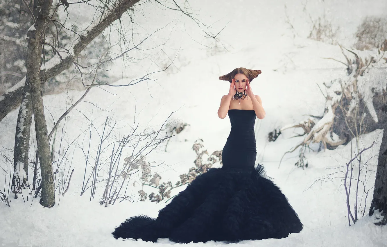 Photo wallpaper winter, forest, dress, hairstyle