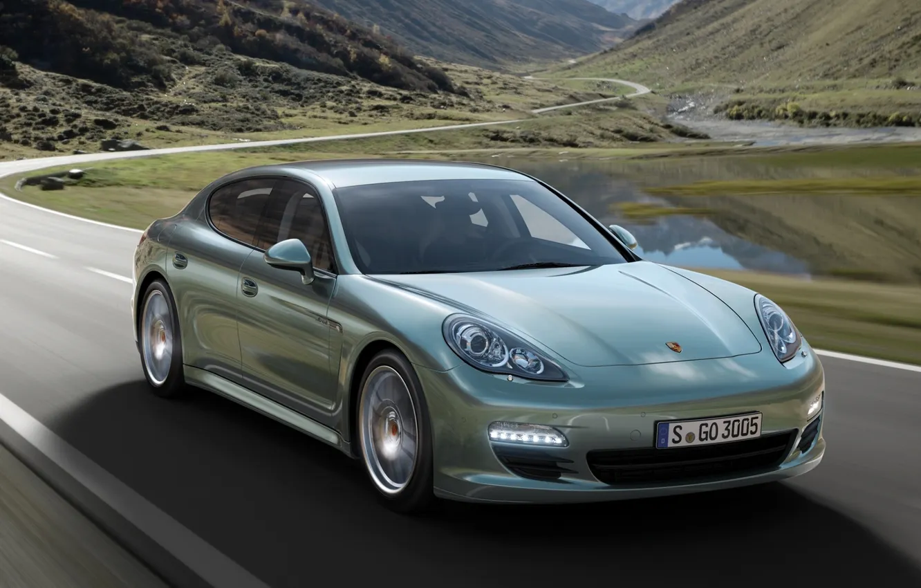 Photo wallpaper road, mountains, nature, lake, Porsche, Panamera, Porsche, Panamera