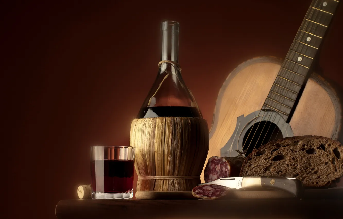 Photo wallpaper red, wine, black, bottle, guitar, food, bread, knife