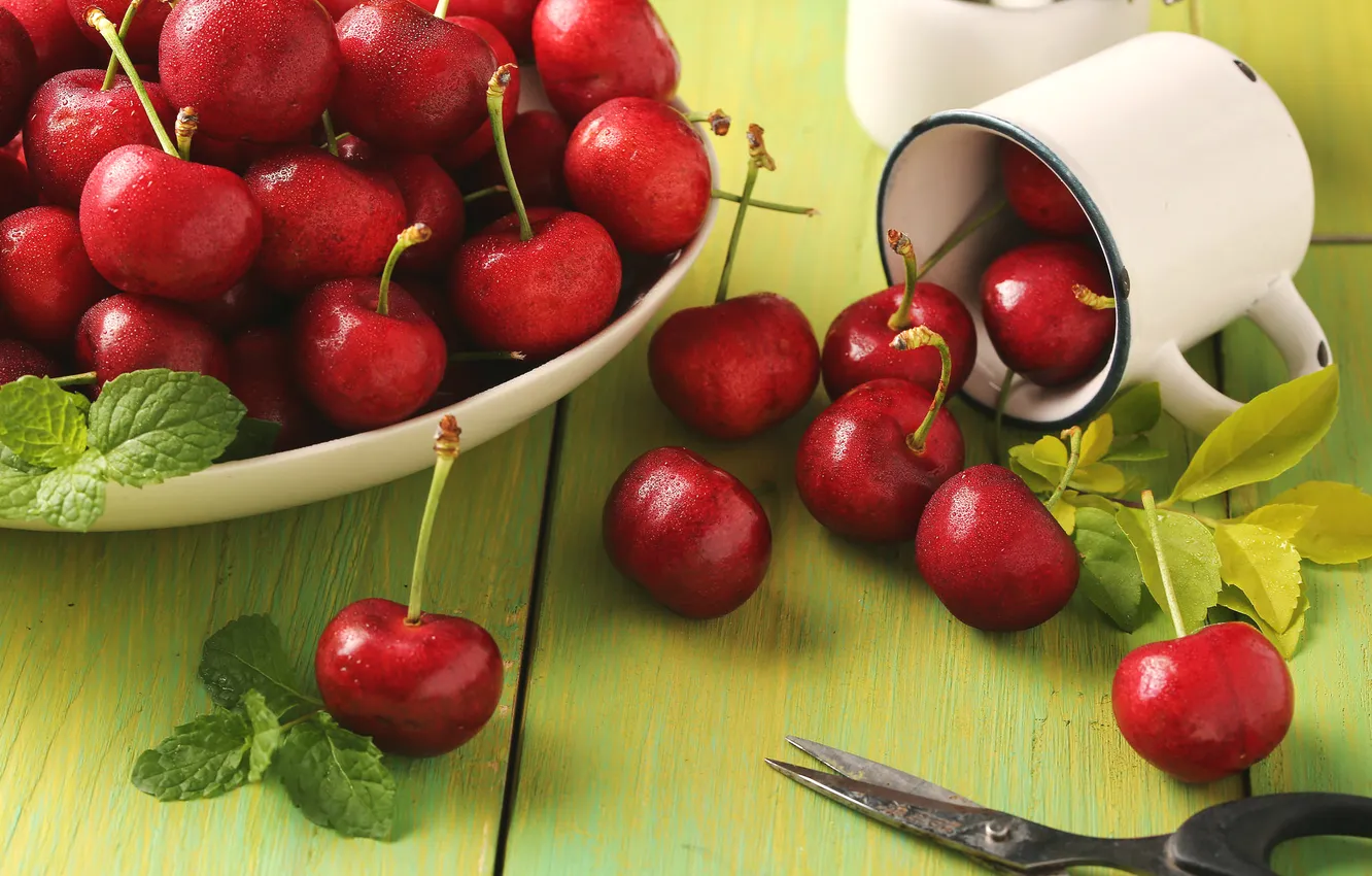 Photo wallpaper red, cherry, berries, mug, mint, scissors