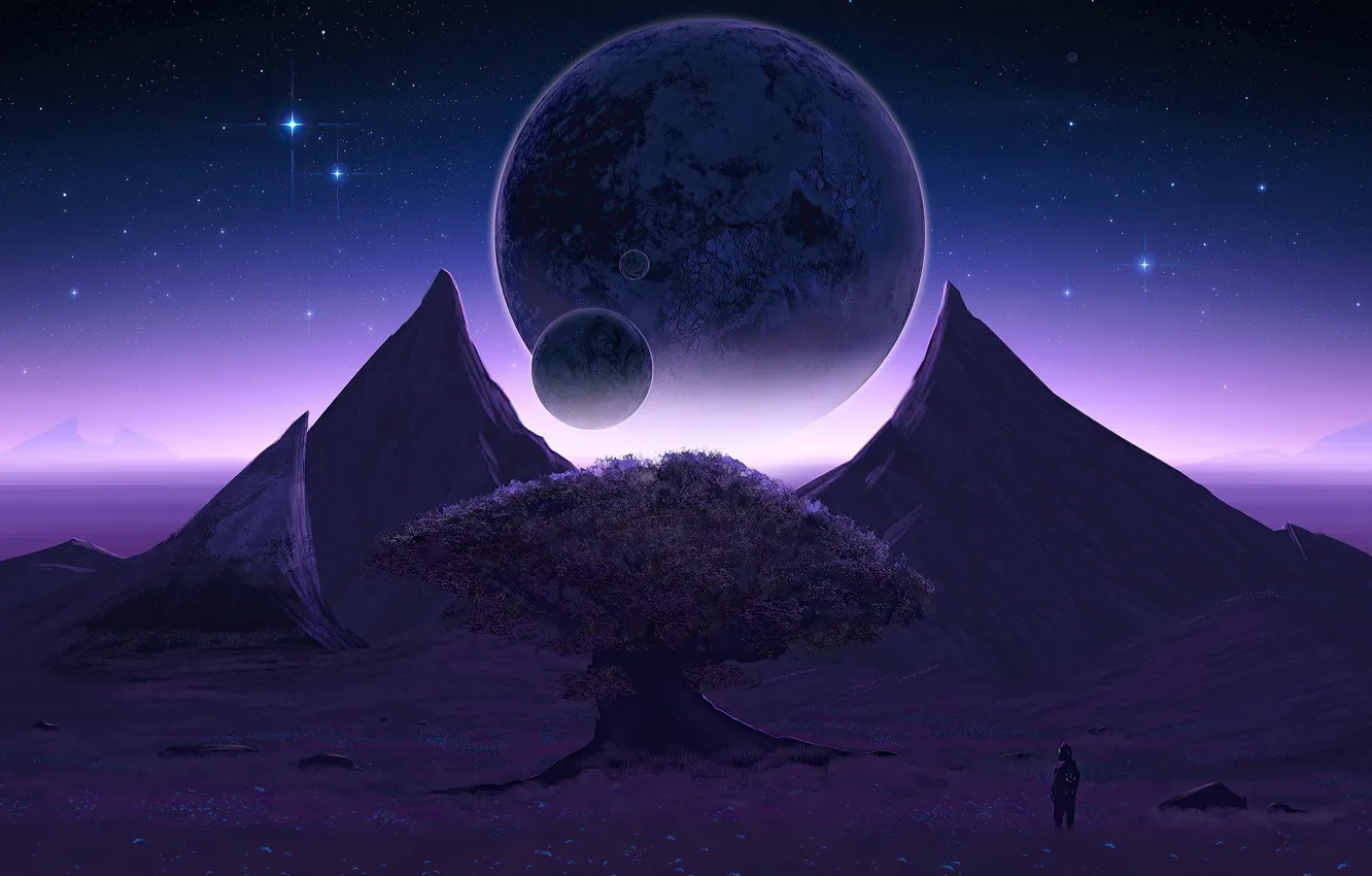 Photo wallpaper space, stars, mountains, future, rocks, planet, space, Other Worlds