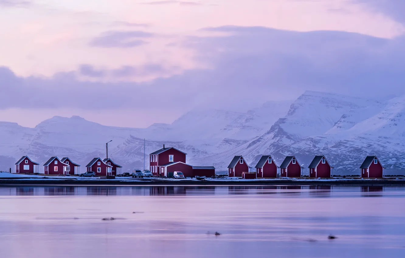 Photo wallpaper winter, snow, mountains, house, Iceland