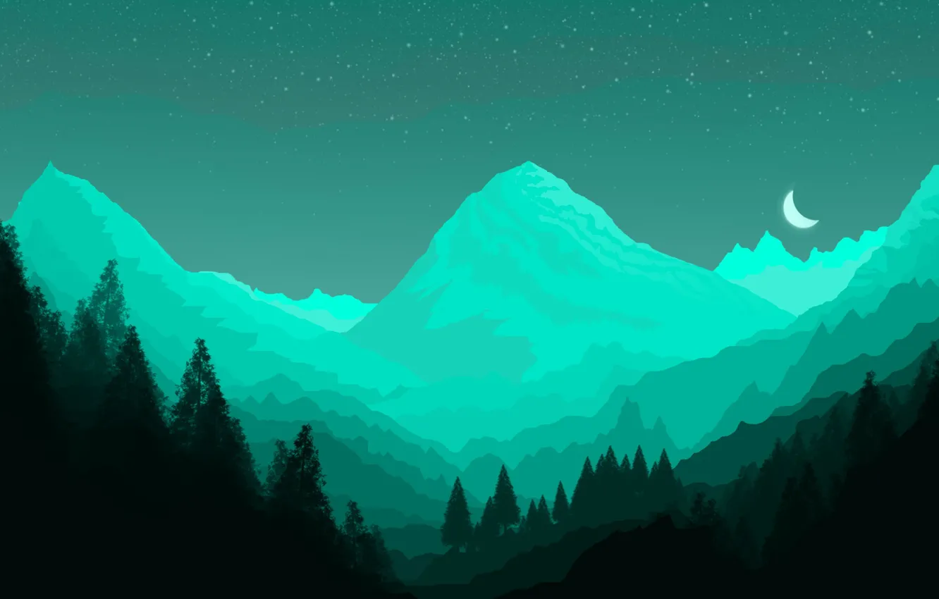 Photo wallpaper green, minimal, dark, light, moon, forest, background, mountains