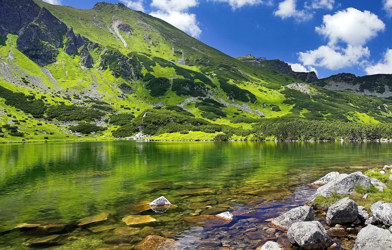Photo wallpaper the sky, mountains, nature, lake, stones