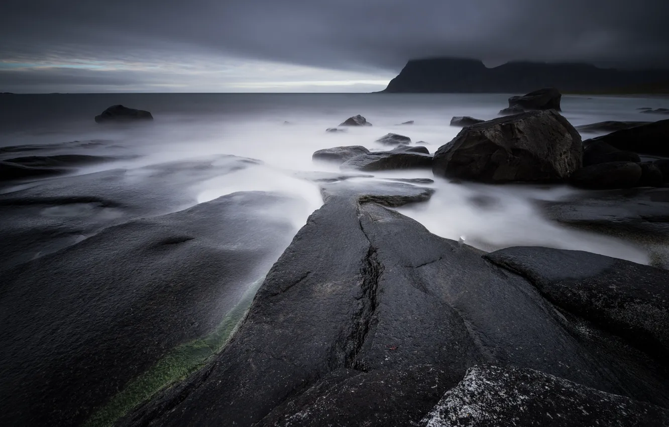 Photo wallpaper sea, clouds, mountains, fog, stones, Norway