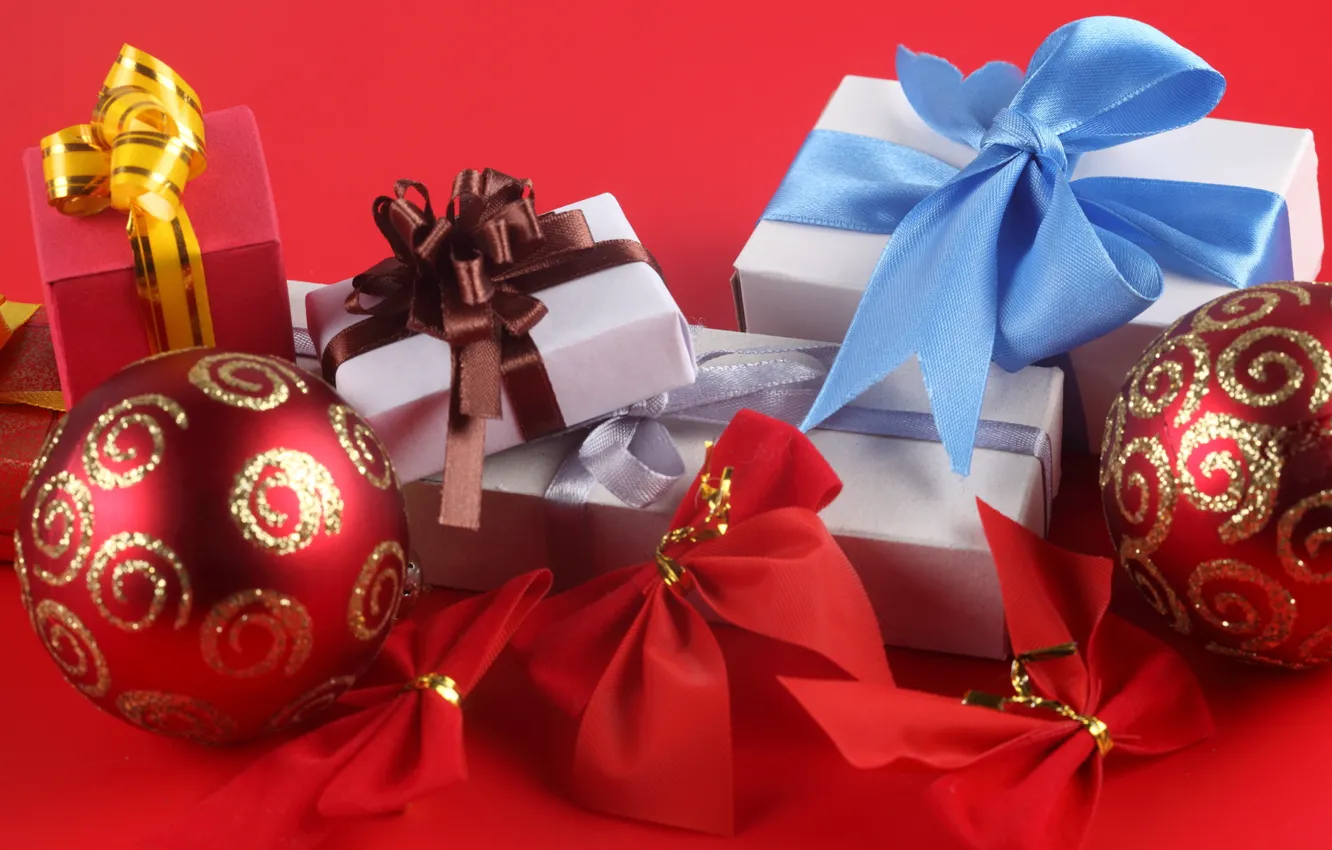 Photo wallpaper red, holiday, box, gift, blue, pattern, new year, bow