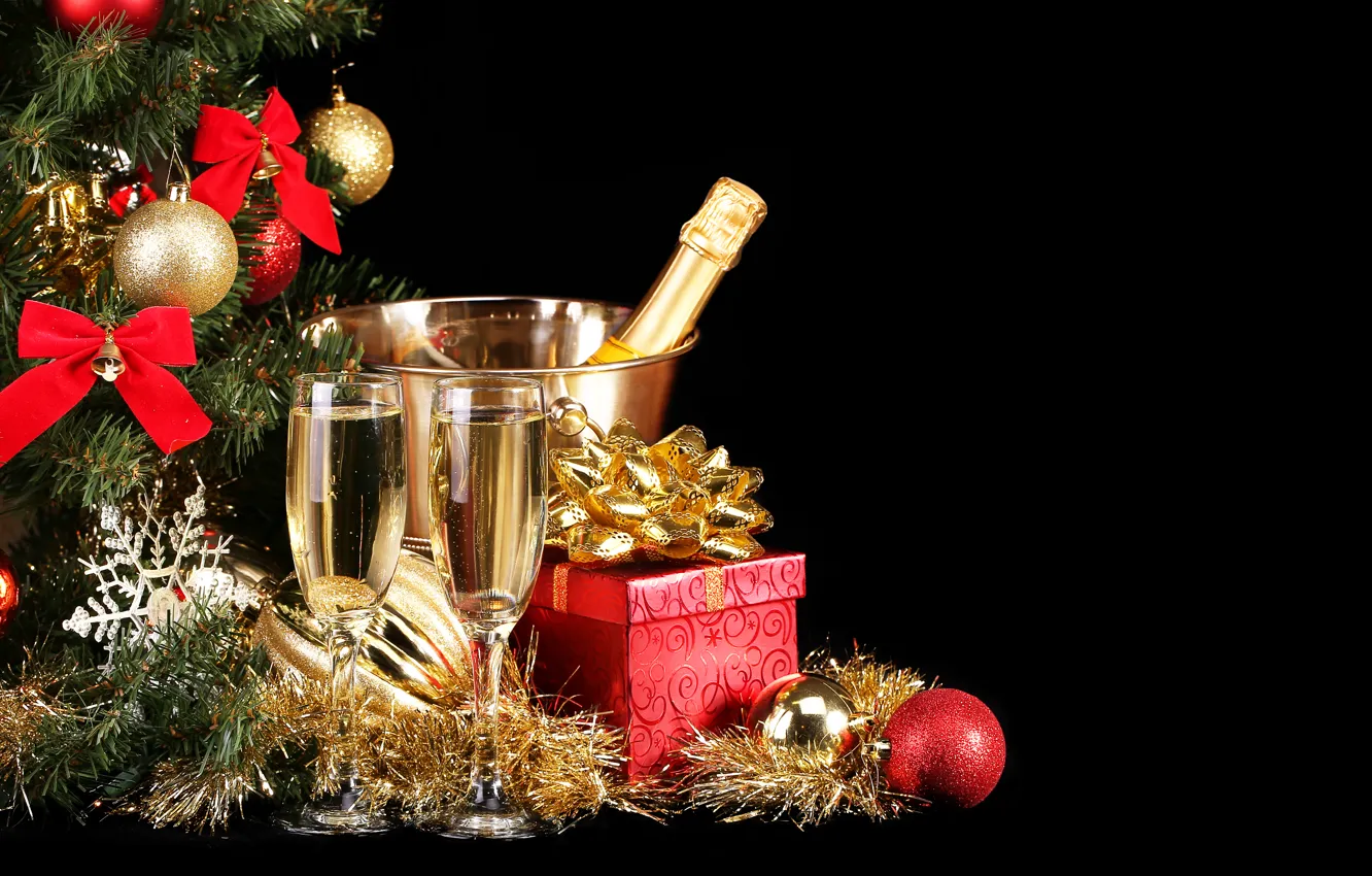Photo wallpaper decoration, gift, tree, New Year, glasses, champagne