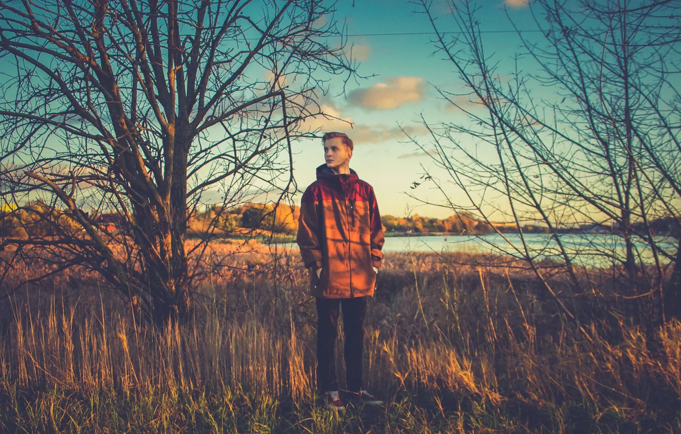 Photo wallpaper autumn, forest, landscape, sunset, nature, the evening, guy, sundown