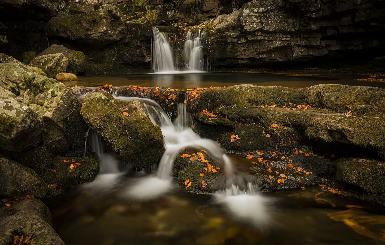 Photo wallpaper autumn, leaves, nature, stones, waterfall