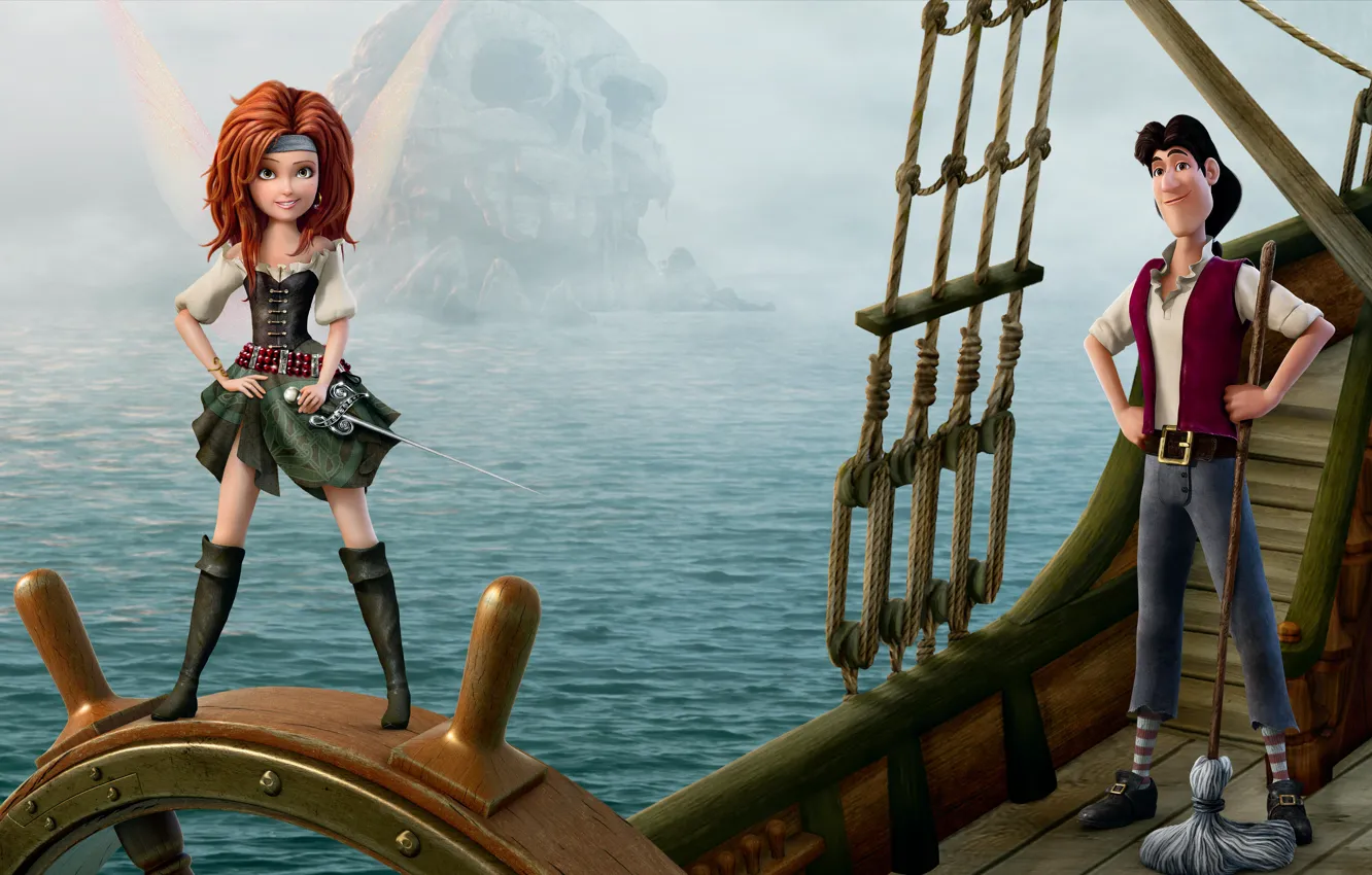 Photo wallpaper sea, rocks, ship, skull, fairy, Disney, the wheel, saber