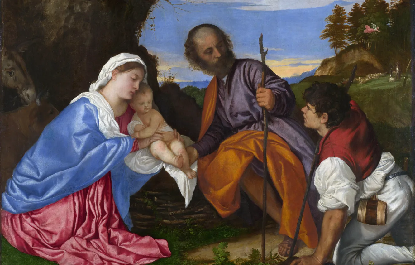 Photo wallpaper Titian Vecellio, The Holy family with a shepherd, CA. 1510