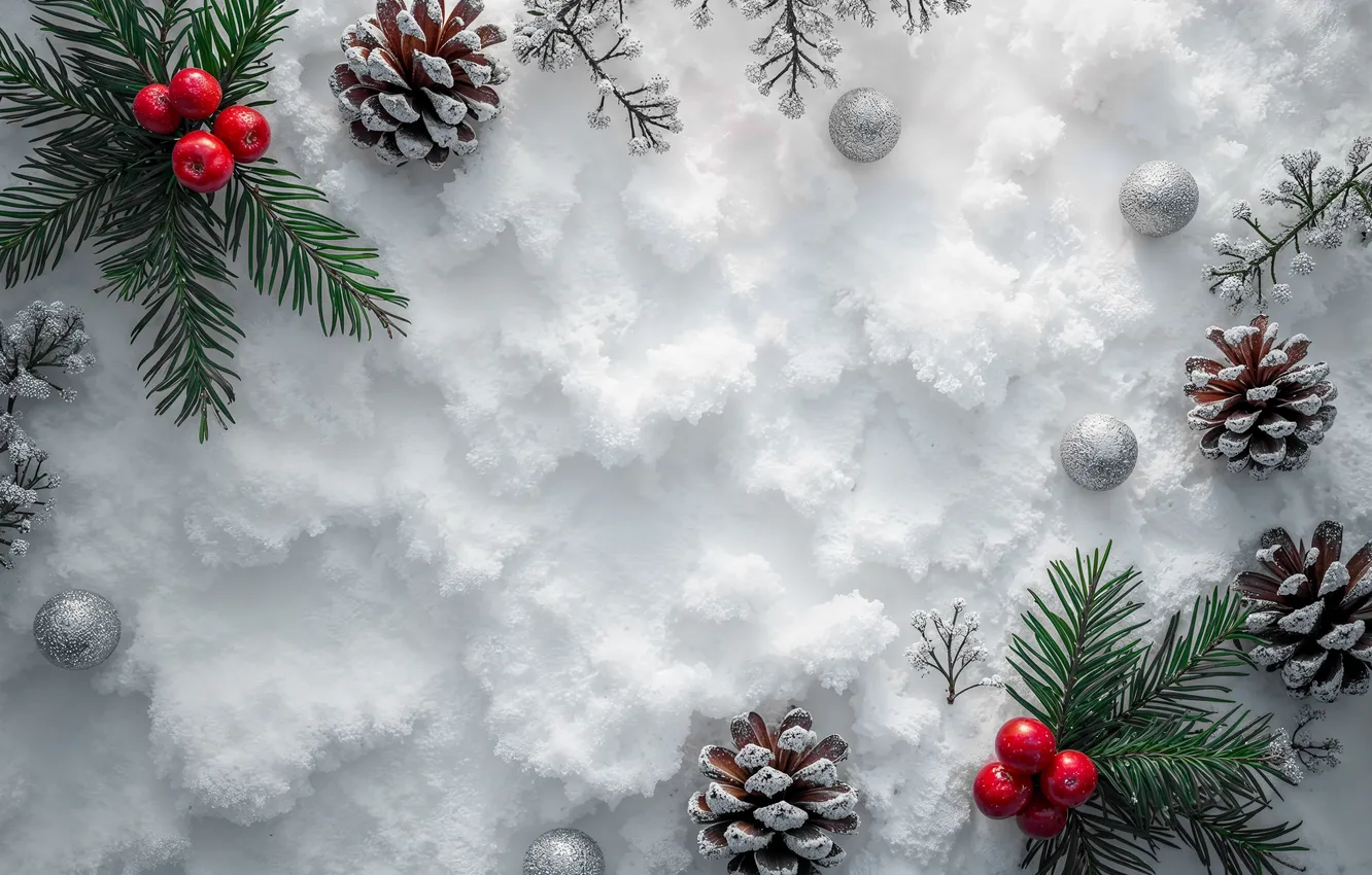 Photo wallpaper snow, decoration, berries, new year, Christmas, Christmas, snow, tree