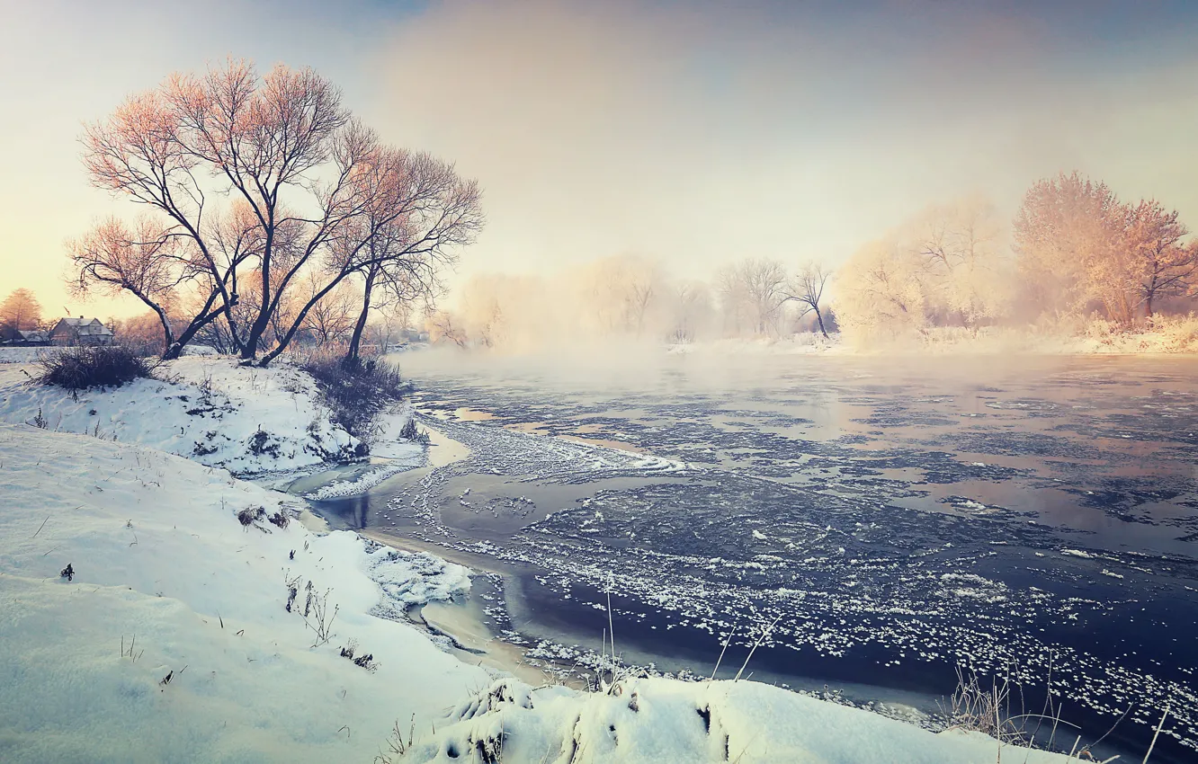 Photo wallpaper winter, fog, river, morning