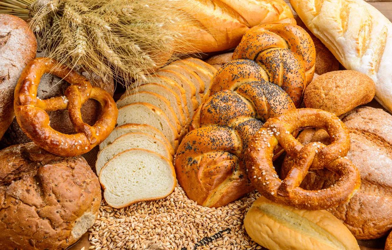 Photo wallpaper wheat, rye, bread, ears, cakes, grain, loaves, pretzel