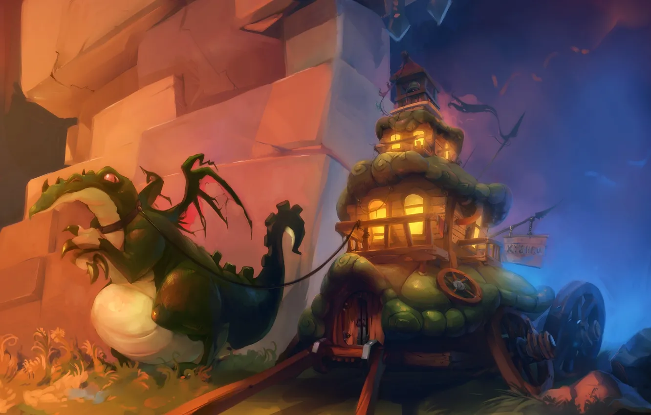 Photo wallpaper dragon, train, fantasy, art, house, fantasy, cart, art
