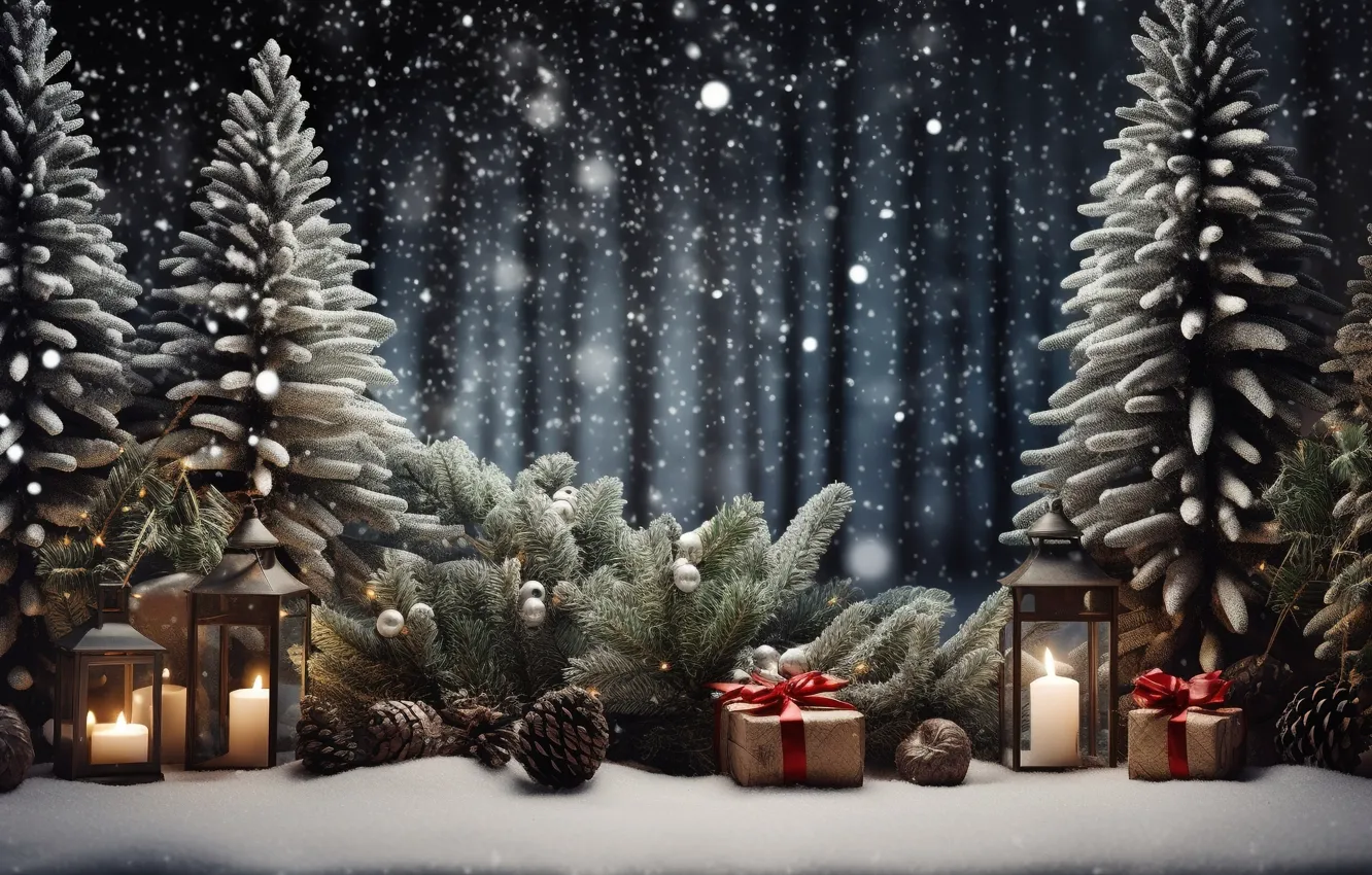Photo wallpaper winter, snow, decoration, night, tree, New Year, Christmas, lantern