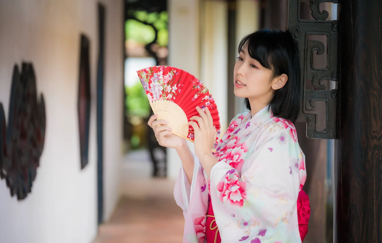 Photo wallpaper fan, kimono, Asian, bokeh