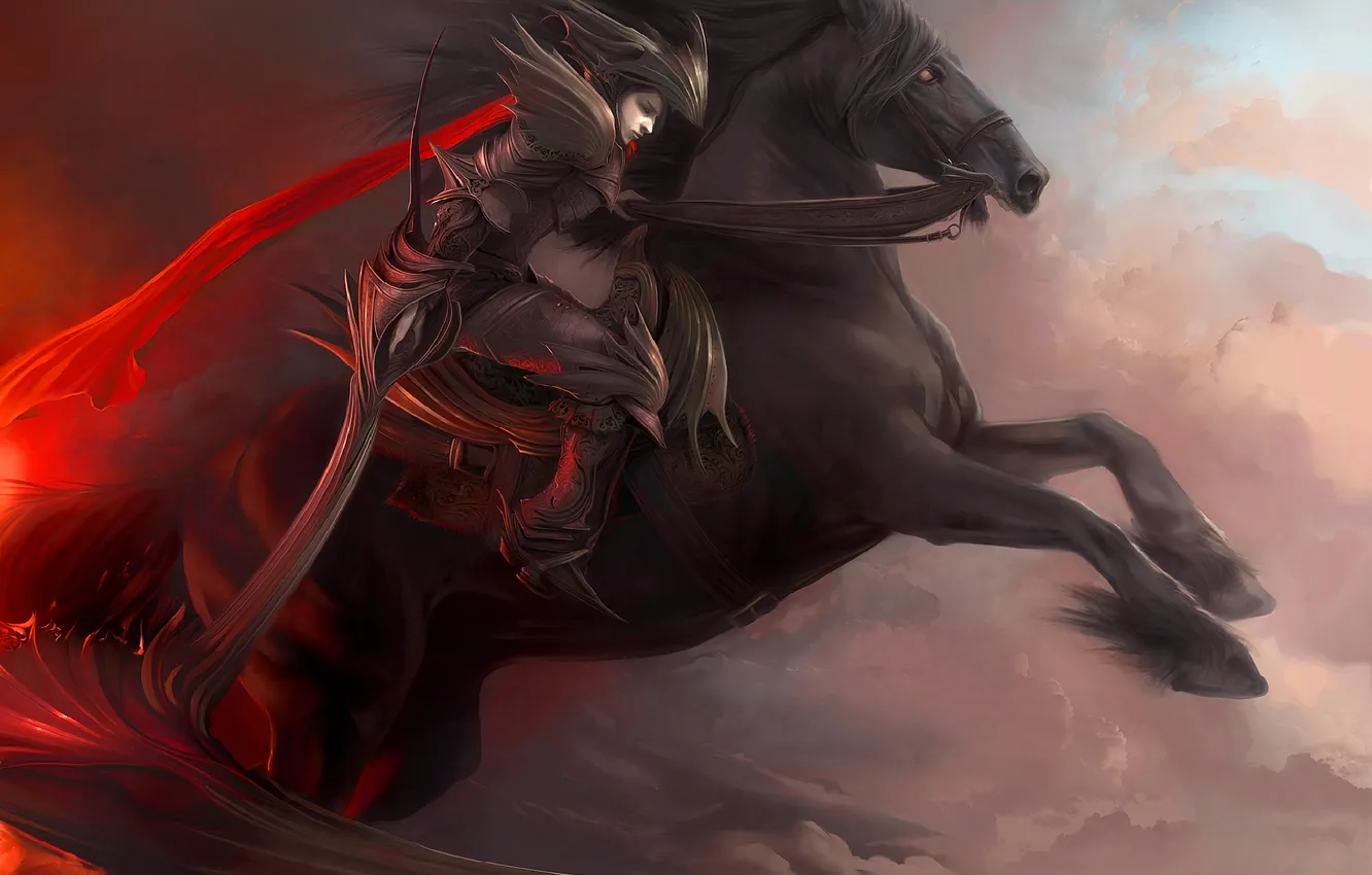 Photo wallpaper weapons, horse, armor, scarf, art, crows, braid, rider
