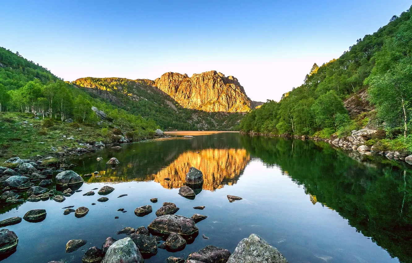 Photo wallpaper mountains, lake, stones, morning