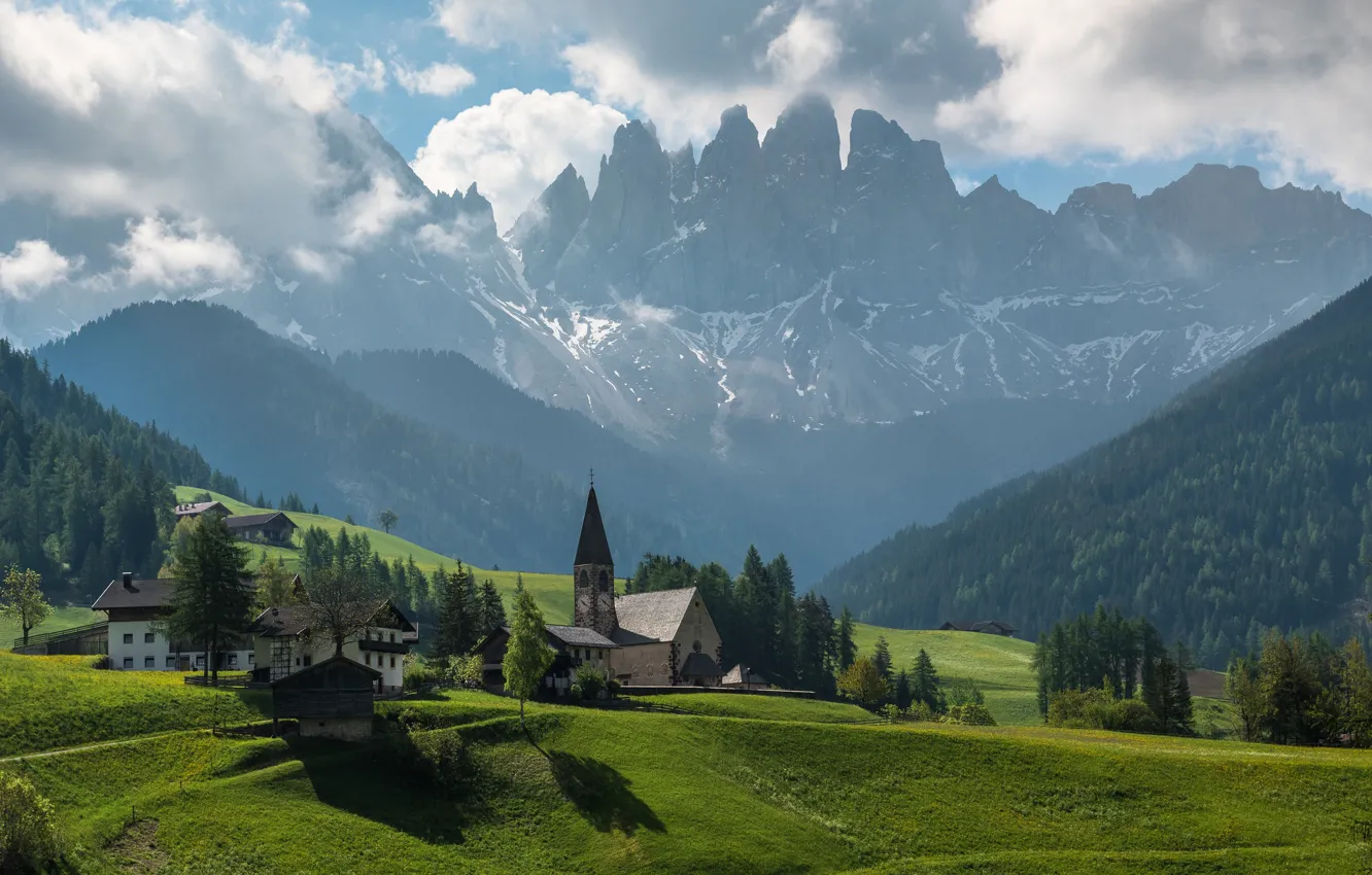 Photo wallpaper forest, the sky, clouds, mountains, Italy, Church, the Dolomites