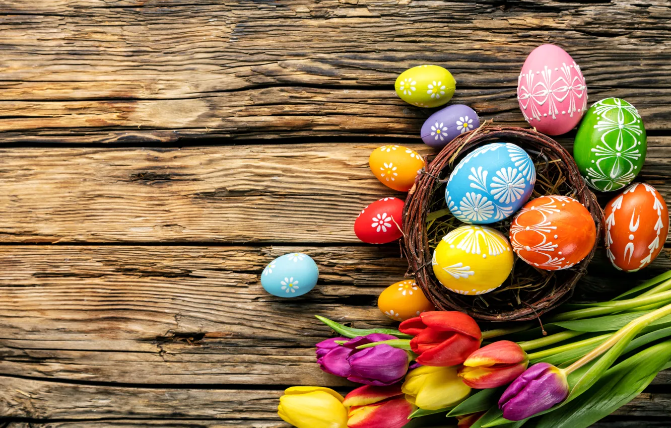 Photo wallpaper eggs, colorful, Easter, tulips, wood, flowers, tulips, spring